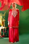 Samyukta Singhania Red Organza, Silk, Shantoon Embroidery, Sequins Round Neck, Kurta Sharara Set Samyukta Singhania_Red Organza, Silk, Shantoon Embroidery, Sequins Round Neck, Kurta Sharara Set