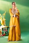 Samyukta Singhania Mustard Silk, Shantoon, Chiffon Embroidery Round Neck, Split Kurta Sharara Set Online at Aza Fashions Samyukta Singhania_Mustard Silk, Shantoon, Chiffon Embroidery Round Neck, Split Kurta Sharara Set _Online_at_Aza_Fashions