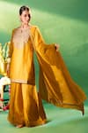 Buy Samyukta Singhania Mustard Silk, Shantoon, Chiffon Embroidery Round Neck, Split Kurta Sharara Set Online at Aza Fashions Buy_Samyukta Singhania_Mustard Silk, Shantoon, Chiffon Embroidery Round Neck, Split Kurta Sharara Set _Online_at_Aza_Fashions
