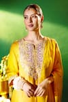 Samyukta Singhania Mustard Silk, Shantoon, Chiffon Embroidery Round Neck, Split Kurta Sharara Set at Aza Fashions Samyukta Singhania_Mustard Silk, Shantoon, Chiffon Embroidery Round Neck, Split Kurta Sharara Set _at_Aza_Fashions