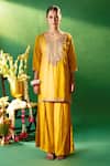 Shop Samyukta Singhania Mustard Silk, Shantoon, Chiffon Embroidery, Sequins, Metallic Kurta Sharara Set Online Shop_Samyukta Singhania_Mustard Silk, Shantoon, Chiffon Embroidery, Sequins, Metallic Kurta Sharara Set _Online