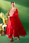 Samyukta Singhania Red Organza, Silk, Shantoon Embroidery, Zari Round Neck Kurta Set Online Samyukta Singhania_Red Organza, Silk, Shantoon Embroidery, Zari Round Neck Kurta Set _Online