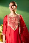 Shop Samyukta Singhania Red Organza, Silk, Shantoon Embroidery, Zari Round Neck Kurta Set Online Shop_Samyukta Singhania_Red Organza, Silk, Shantoon Embroidery, Zari Round Neck Kurta Set _Online