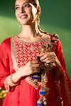 Samyukta Singhania Red Organza, Silk, Shantoon Embroidery, Zari Round Neck Kurta Set Samyukta Singhania_Red Organza, Silk, Shantoon Embroidery, Zari Round Neck Kurta Set