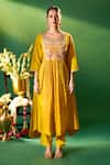 Samyukta Singhania Mustard Chanderi, Shantoon Embroidery Round Neck Anarkali Set Online at Aza Fashions Samyukta Singhania_Mustard Chanderi, Shantoon Embroidery Round Neck Anarkali Set _Online_at_Aza_Fashions
