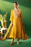 Shop Samyukta Singhania Mustard Chanderi, Shantoon Embroidery Round Neck Anarkali Set Shop_Samyukta Singhania_Mustard Chanderi, Shantoon Embroidery Round Neck Anarkali Set