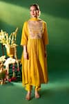 Samyukta Singhania Mustard Chanderi, Shantoon Embroidery Round Neck Anarkali Set Online Samyukta Singhania_Mustard Chanderi, Shantoon Embroidery Round Neck Anarkali Set _Online
