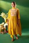 Buy Samyukta Singhania Mustard Chanderi, Shantoon Embroidery Round Neck Anarkali Set Online Buy_Samyukta Singhania_Mustard Chanderi, Shantoon Embroidery Round Neck Anarkali Set _Online