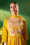 Samyukta Singhania Mustard Chanderi, Shantoon Embroidery Round Neck Anarkali Set Samyukta Singhania_Mustard Chanderi, Shantoon Embroidery Round Neck Anarkali Set
