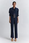 Buy Line Out Line Navy Chanderi Beads Collared Tie-up Shirt And Pant Set at Aza Fashions Buy_Line Out Line_Navy Chanderi Beads Collared Tie-up Shirt And Pant Set _at_Aza_Fashions