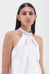 Amit Aggarwal_Off White Organza, Polyester Halter Neck Metallic Fluid Dress _Online_at_Aza_Fashions