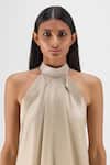 Amit Aggarwal Beige Organza, Polyester Halter Neck Metallic Fluid Dress Online at Aza Fashions Amit Aggarwal_Beige Organza, Polyester Halter Neck Metallic Fluid Dress _Online_at_Aza_Fashions