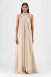 Buy Amit Aggarwal Beige Organza, Polyester Halter Neck Metallic Fluid Dress at Aza Fashions Buy_Amit Aggarwal_Beige Organza, Polyester Halter Neck Metallic Fluid Dress _at_Aza_Fashions
