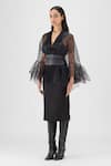 Amit Aggarwal_Black V-neck Metallic Corded Ruffle Cape Set _Online_at_Aza_Fashions
