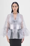 Buy_Amit Aggarwal_Grey V-neck Metallic Corded Ruffle Cape _at_Aza_Fashions