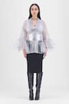 Buy_Amit Aggarwal_Grey V-neck Metallic Corded Ruffle Cape _Online_at_Aza_Fashions