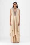 Buy Amit Aggarwal Beige Chiffon, Polyester V-neck Metallic Layered Dress at Aza Fashions Buy_Amit Aggarwal_Beige Chiffon, Polyester V-neck Metallic Layered Dress _at_Aza_Fashions