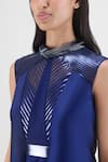 Amit Aggarwal_Navy Chiffon, Polyester Beads High Neck Metallic Panelled Dress _Online_at_Aza_Fashions