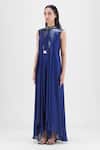 Buy_Amit Aggarwal_Navy Chiffon, Polyester Beads High Neck Metallic Panelled Dress _Online_at_Aza_Fashions