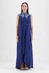 Buy_Amit Aggarwal_Navy Chiffon, Polyester Beads High Neck Metallic Panelled Dress _at_Aza_Fashions