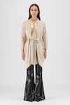 Amit Aggarwal_Beige Organza, Polyester Open Neck, Metallic Draped Shirt _Online_at_Aza_Fashions