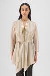 Buy_Amit Aggarwal_Beige Organza, Polyester Open Neck, Metallic Draped Shirt _at_Aza_Fashions