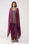Buy_Amit Aggarwal_Purple Satin, Chiffon, Polyester V-neck Crystalvein Cape With Skirt _at_Aza_Fashions