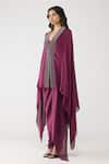 Amit Aggarwal_Purple Satin, Chiffon, Polyester V-neck Crystalvein Cape With Skirt _Online_at_Aza_Fashions