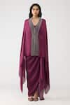 Buy_Amit Aggarwal_Purple Satin, Chiffon, Polyester V-neck Crystalvein Cape With Skirt _Online_at_Aza_Fashions