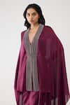 Shop_Amit Aggarwal_Purple Satin, Chiffon, Polyester V-neck Crystalvein Cape With Skirt _Online_at_Aza_Fashions