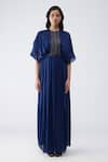 Amit Aggarwal Blue Satin, Chiffon, Brocade Zari Round Neck Layered Pleated Dress Online at Aza Fashions Amit Aggarwal_Blue Satin, Chiffon, Brocade Zari Round Neck Layered Pleated Dress _Online_at_Aza_Fashions
