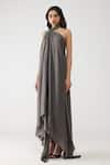 Amit Aggarwal_Gray Satin, Chiffon, Polyester Crystals Halter Neck Crstalvein Dress _Online_at_Aza_Fashions