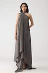 Buy_Amit Aggarwal_Gray Satin, Chiffon, Polyester Crystals Halter Neck Crstalvein Dress _at_Aza_Fashions