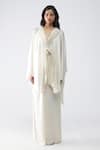 Buy Amit Aggarwal White Satin, Chiffon Open Neck Micro Pleated Cape Pant Set at Aza Fashions Buy_Amit Aggarwal_White Satin, Chiffon Open Neck Micro Pleated Cape Pant Set _at_Aza_Fashions