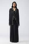 Shop Amit Aggarwal Black Chiffon, Polyester V-neck Banarsi Micro Pleated Cape Pant Set Shop_Amit Aggarwal_Black Chiffon, Polyester V-neck Banarsi Micro Pleated Cape Pant Set