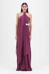 Buy_Amit Aggarwal_Purple Chiffon, Polyester Halter Neck Metallic Fluid Dress _at_Aza_Fashions