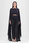 Buy_Amit Aggarwal_Black Chiffon, Polyester Boat Neck Metallic Fluid Cape And Skirt Set _at_Aza_Fashions