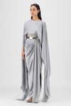 Amit Aggarwal Gray Chiffon, Polyester Boat Neck Metallic Fluid Cape And Skirt Set Online at Aza Fashions Amit Aggarwal_Gray Chiffon, Polyester Boat Neck Metallic Fluid Cape And Skirt Set _Online_at_Aza_Fashions