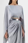 Shop Amit Aggarwal Gray Chiffon, Polyester Boat Neck Metallic Fluid Cape And Skirt Set Online at Aza Fashions Shop_Amit Aggarwal_Gray Chiffon, Polyester Boat Neck Metallic Fluid Cape And Skirt Set _Online_at_Aza_Fashions