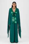 Buy Amit Aggarwal Emerald Green Chiffon V-neck Metallic Structured Cape And Pant Set at Aza Fashions Buy_Amit Aggarwal_Emerald Green Chiffon V-neck Metallic Structured Cape And Pant Set _at_Aza_Fashions