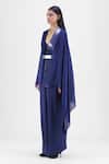 Amit Aggarwal Blue Chiffon, Polyester V-neck Metallic Structured Cape And Pant Set Online at Aza Fashions Amit Aggarwal_Blue Chiffon, Polyester V-neck Metallic Structured Cape And Pant Set _Online_at_Aza_Fashions