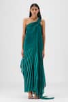 Buy_Amit Aggarwal_Emerald Green Organza, Polyester Halter Neck Pleated Fluid Dress _at_Aza_Fashions