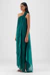 Amit Aggarwal Emerald Green Organza, Polyester Halter Neck, One Shoulder Pleated Fluid Dress Online at Aza Fashions Amit Aggarwal_Emerald Green Organza, Polyester Halter Neck, One Shoulder Pleated Fluid Dress _Online_at_Aza_Fashions