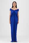 Buy Amit Aggarwal Blue Crepe, Viscose Cowl Neck, Off-shoulder Pleated Dress at Aza Fashions Buy_Amit Aggarwal_Blue Crepe, Viscose Cowl Neck, Off-shoulder Pleated Dress _at_Aza_Fashions