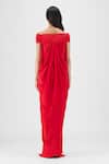 Shop Amit Aggarwal Red Crepe, Viscose Off-shoulder, V-neck Pleated Cowl Dress at Aza Fashions Shop_Amit Aggarwal_Red Crepe, Viscose Off-shoulder, V-neck Pleated Cowl Dress _at_Aza_Fashions