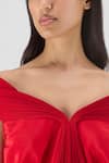 Amit Aggarwal Red Crepe, Viscose Off-shoulder, V-neck Pleated Cowl Dress Online at Aza Fashions Amit Aggarwal_Red Crepe, Viscose Off-shoulder, V-neck Pleated Cowl Dress _Online_at_Aza_Fashions