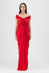 Buy Amit Aggarwal Red Crepe, Viscose Off-shoulder, V-neck Pleated Cowl Dress at Aza Fashions Buy_Amit Aggarwal_Red Crepe, Viscose Off-shoulder, V-neck Pleated Cowl Dress _at_Aza_Fashions
