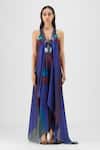 Buy_Amit Aggarwal_Multi Color Chiffon, Polyester Halter Neck, Pleated Watercolor Fluid Dress _at_Aza_Fashions