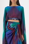 Buy_Amit Aggarwal_Multi Color Chiffon Boat Neck Metallic Watercolor Cape And Skirt Set _Online_at_Aza_Fashions
