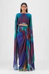 Buy_Amit Aggarwal_Multi Color Chiffon Boat Neck Metallic Watercolor Cape And Skirt Set _at_Aza_Fashions